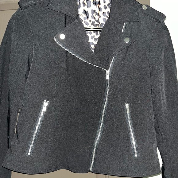 BLACK ZIPPERED LONG SLEEVE LINED CROP JACKET CASUAL WORK WOMEN BIKER JACKET - Picture 3 of 10